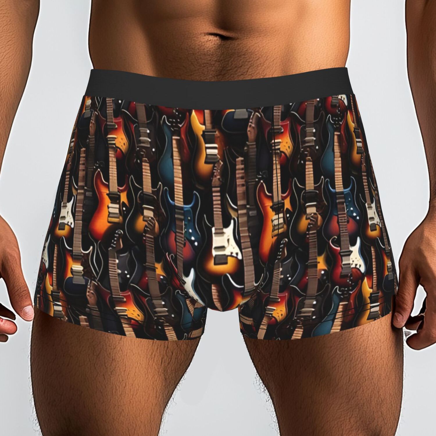 TEMU 1pc Men's Guitar Print Boxer Briefs Underwear - Modern Music-themed Shorts With Guitar, Non- Suitable For Casual Wear & Music Lovers, Machine