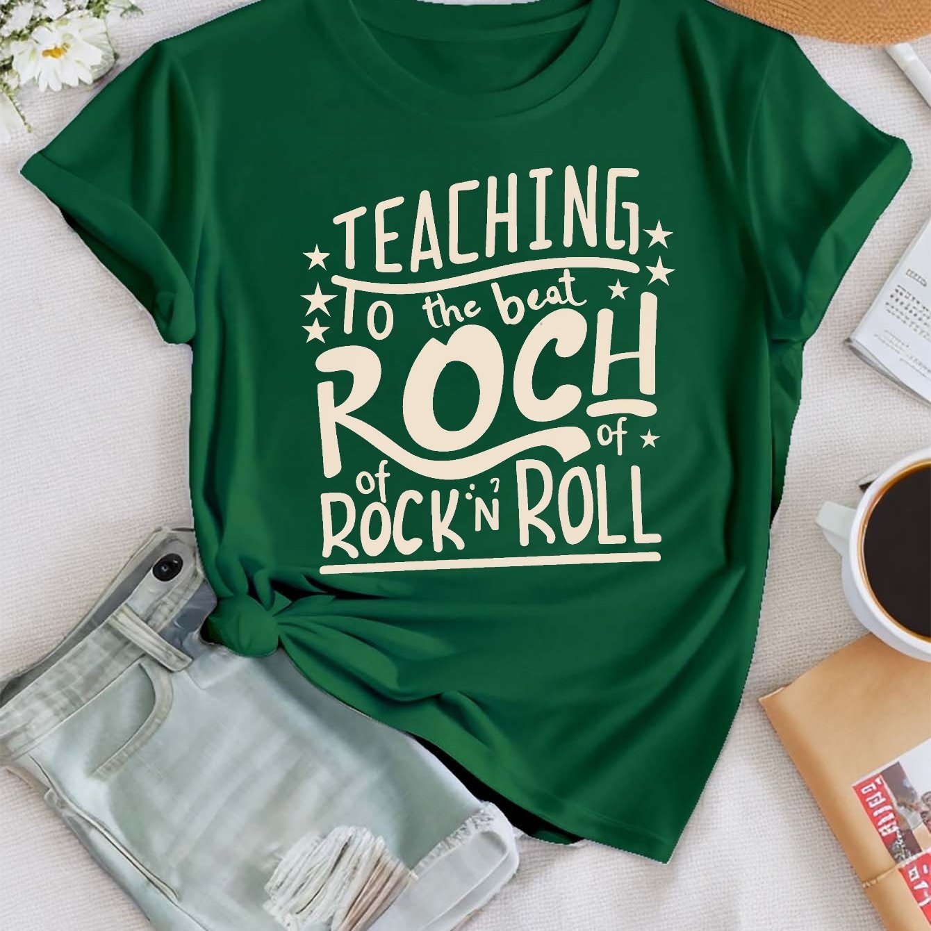 Teaching Beat Rock 'n' Roll Print T shirt Short Sleeve Crew - Temu