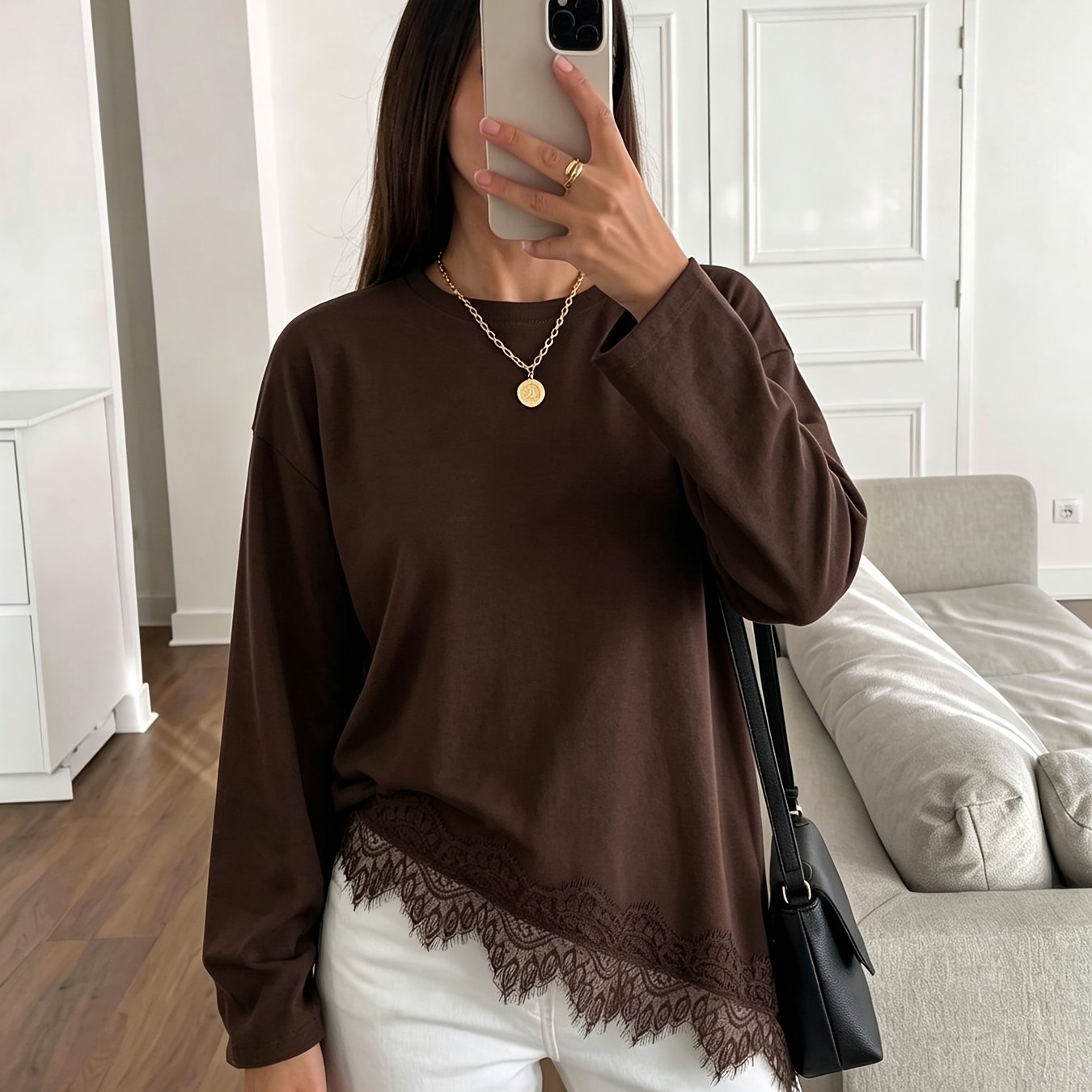 TEMU New Autumn/winter Women's Top T-shirt, Lace Top, Versatile Everyday