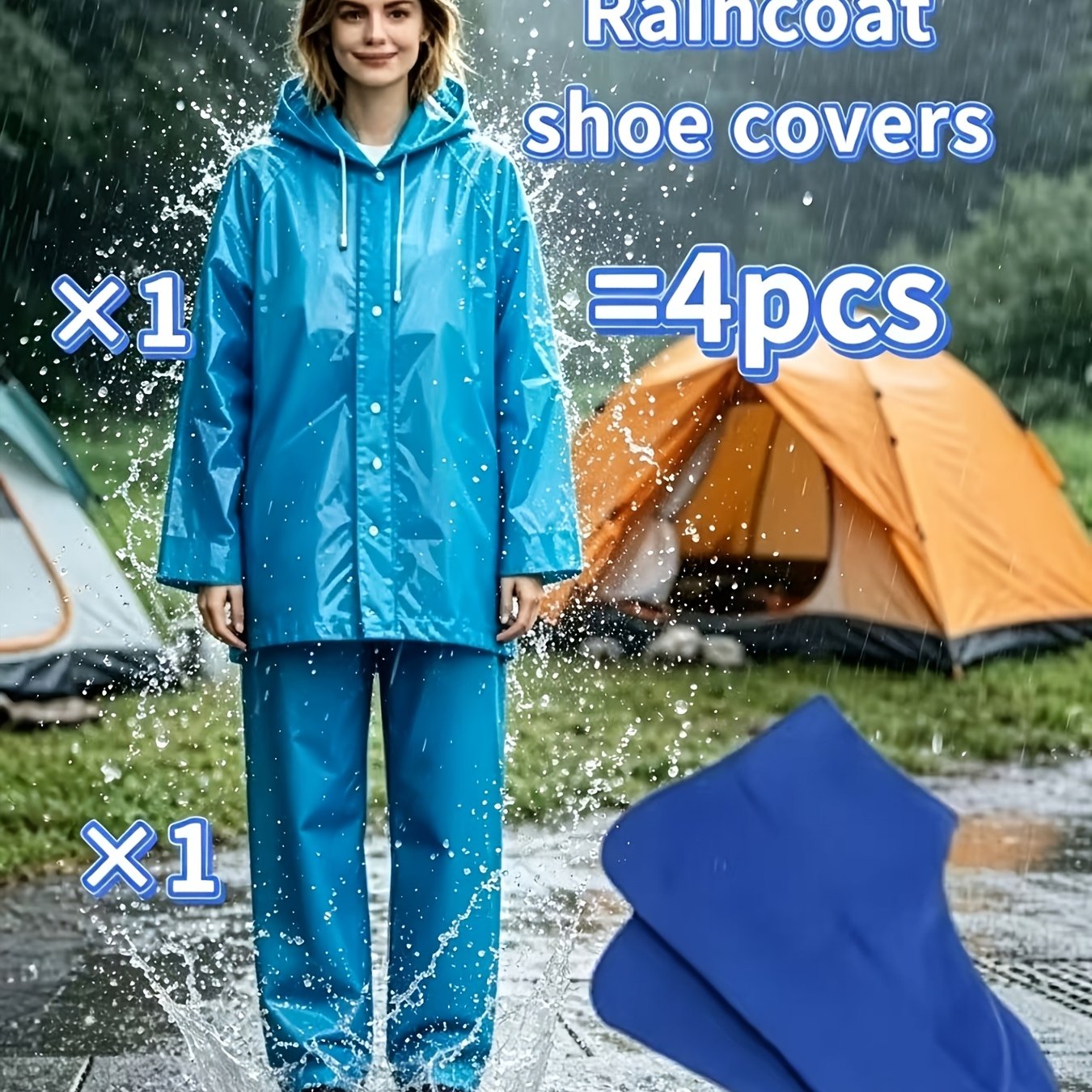 TEMU 4pcs Blue Travel Set (raincoat, Pants, And Shoe Covers), Suitable For Camping, Cycling, And , Unisex Outdoor Rain Gear