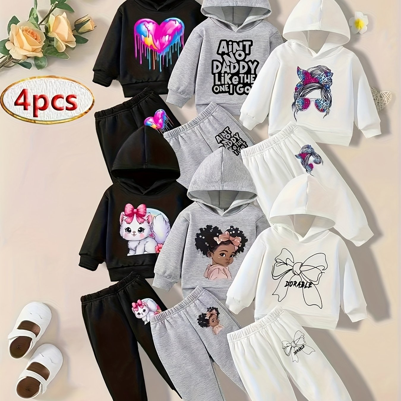 TEMU Send 4pcs Of Baby Girl Clothing Printed Pattern Hooded Sweatshirt And Printed Pattern Trousers Outdoor Set, Perfect For Outdoor