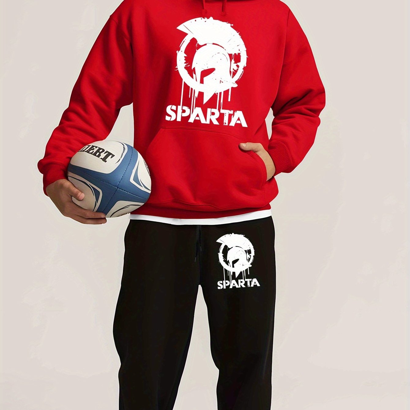 TEMU Hooded Sweatshirt Set Featuring Spartan Warriors Logo For Autumn And Winter, Stylish Printed Hoodie For Men, Casual Sports Top, And Drawstring