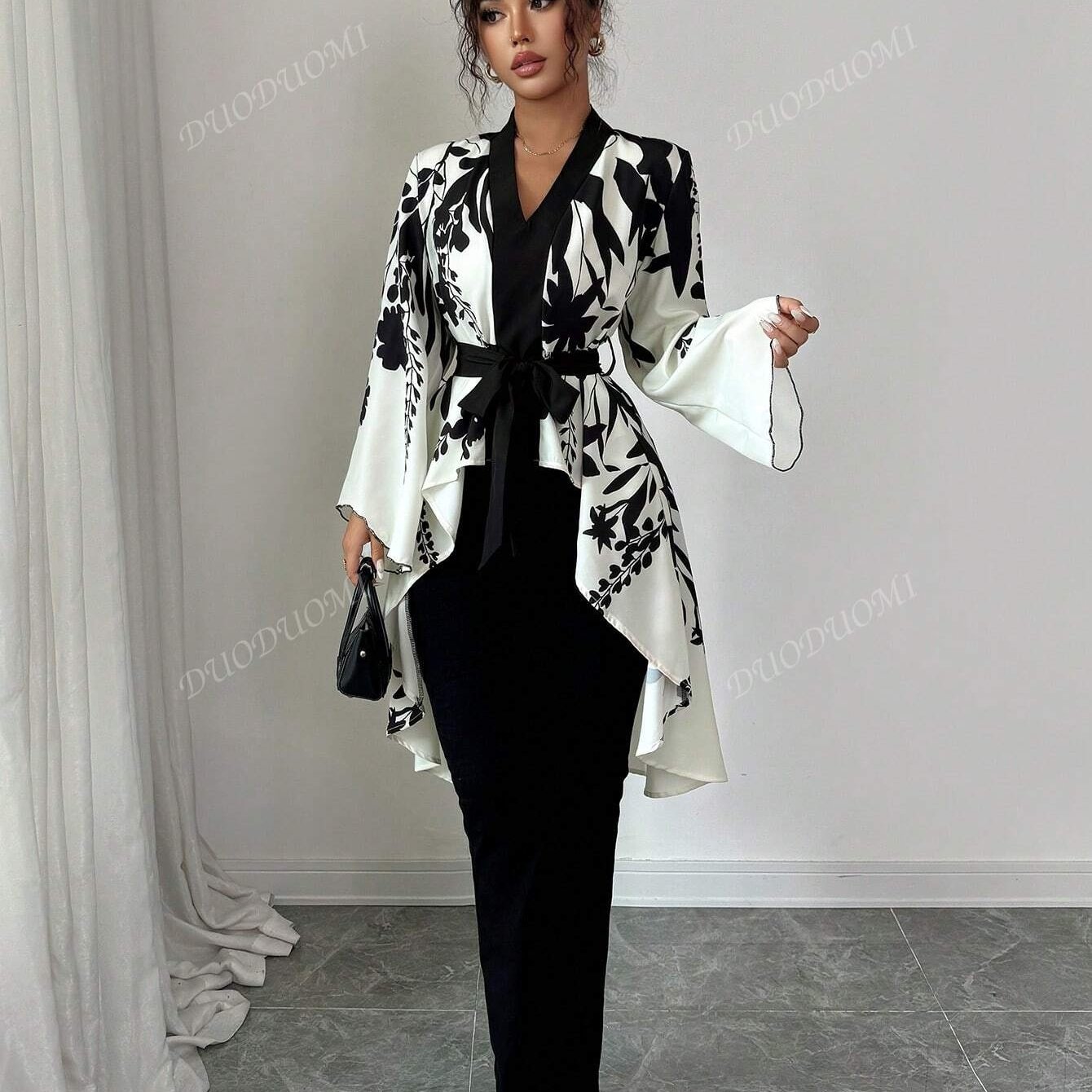TEMU Autumn Women's Floral Print Flare Sleeve Tie-back Shirt