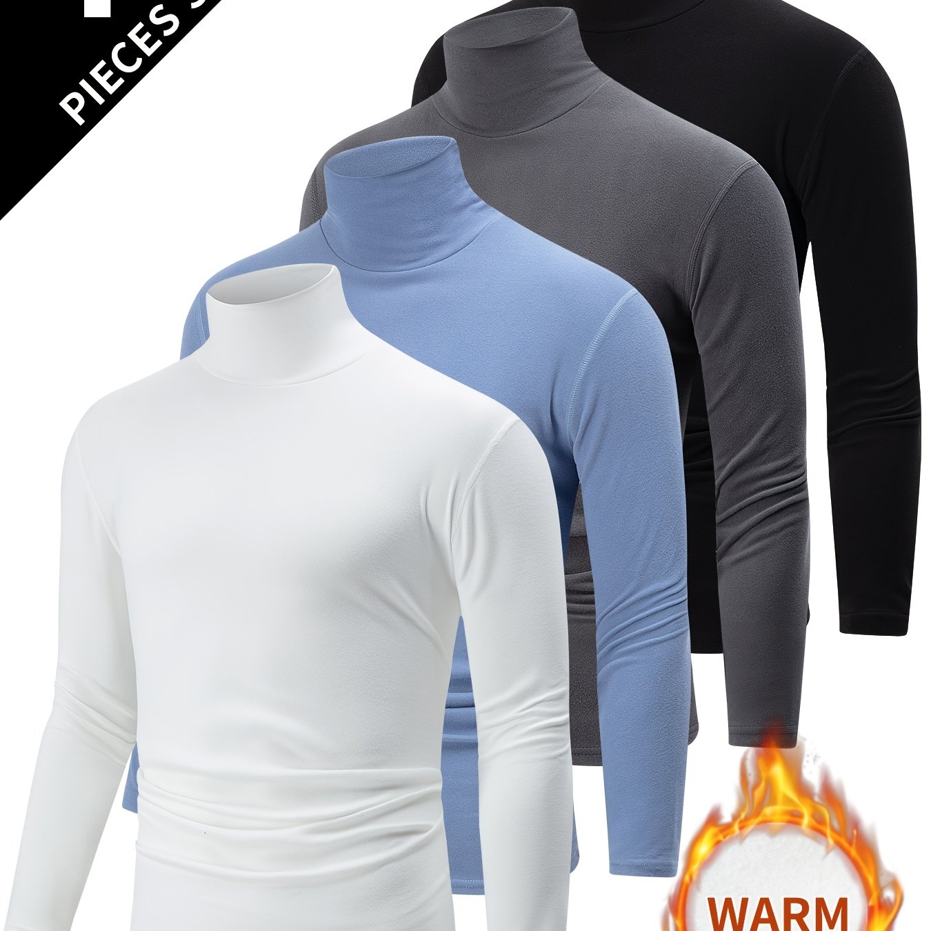 TEMU 4pcs Assorted Colors High-neck Long Sleeve T-shirt Men's Autumn Winter Lapel Thick Warm Casual Inner Layer Fleece Warm Sweatshirt Top Base Layer