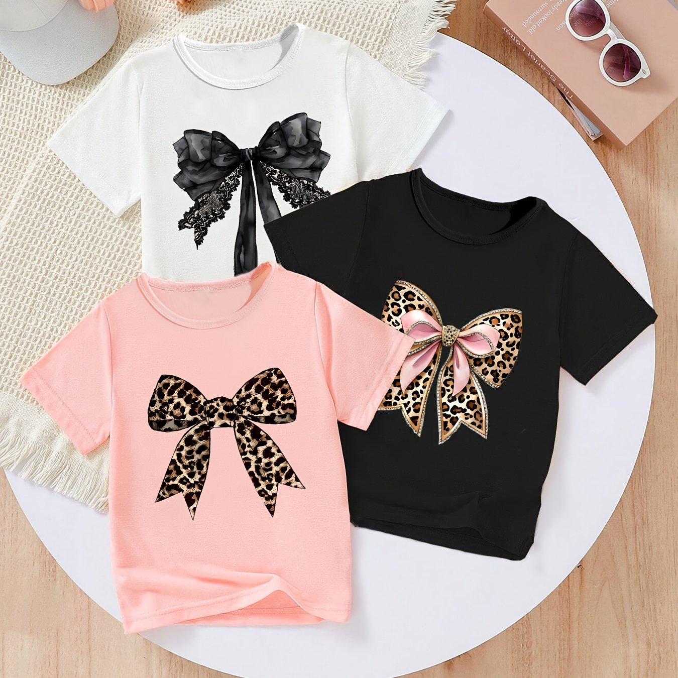 Image of 3pcs Girls' Print Round Neck Short Sleeve Tops, Versatile Fashion T-shirts For Spring And Summer, Quick-dry Soft Comfortable Breathable, Machine Washable And Dry