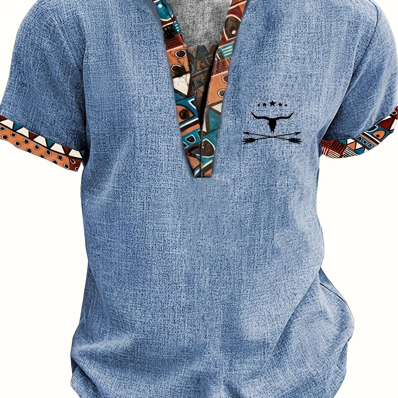 E-shop Herrenmode Henley mit Print, modischer lässiger Ethno-Stil Tribal Totem Stierkopf Sterne und Musterdruck, Oberbekleidung Outdoor Top Henley,