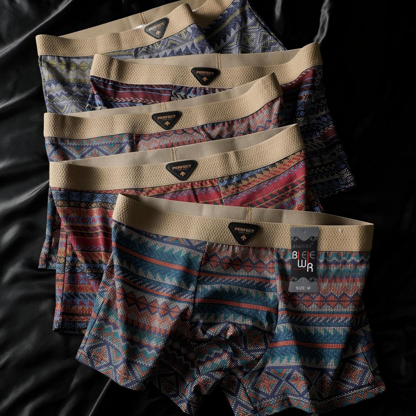 Image of Set Of 5 Biweier Men's Large Striped Shorts, Comfortable And The Skin, Trendy , Camouflage Underwear, Ideal For Boys' Gift Collections, Plus Size