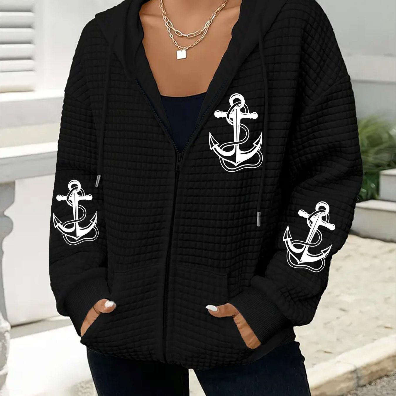 TEMU Veste à capuche grande taille pour femme, veste à capuche mode gaufrée grande taille pour femme, veste à capuche avec poches, veste décontractée