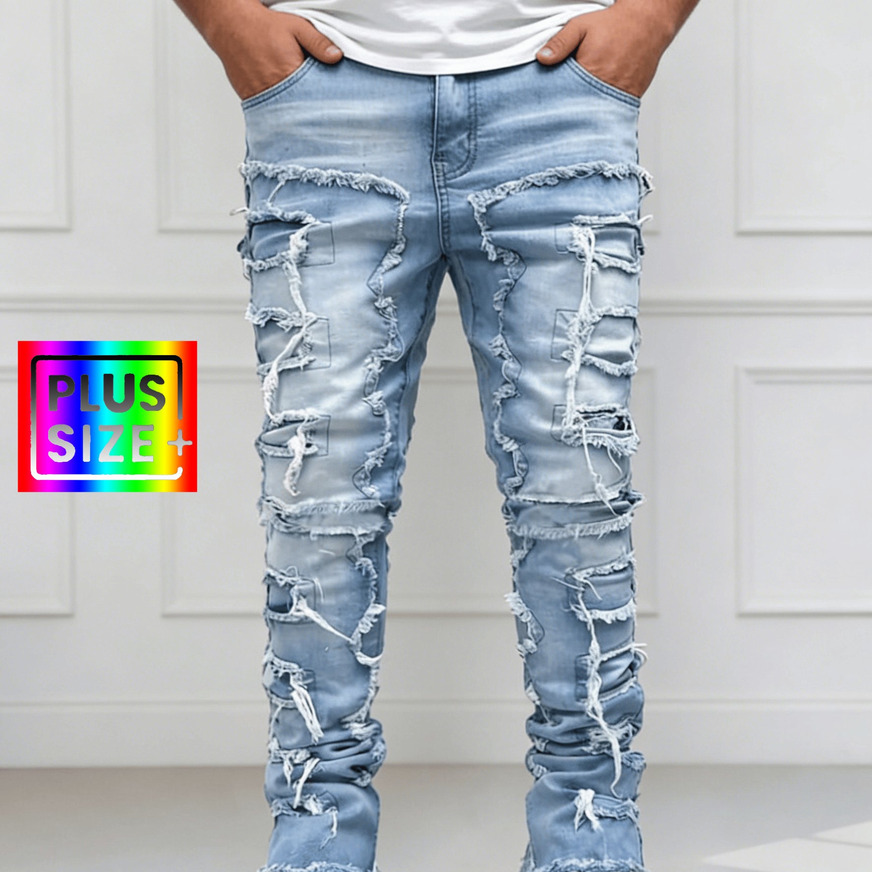 Me-215 Plus-size Men' Style Denim Pants In Light Blue, Featuring Distressed Edges, Perfect For Trendy Party Wear, Plus Size