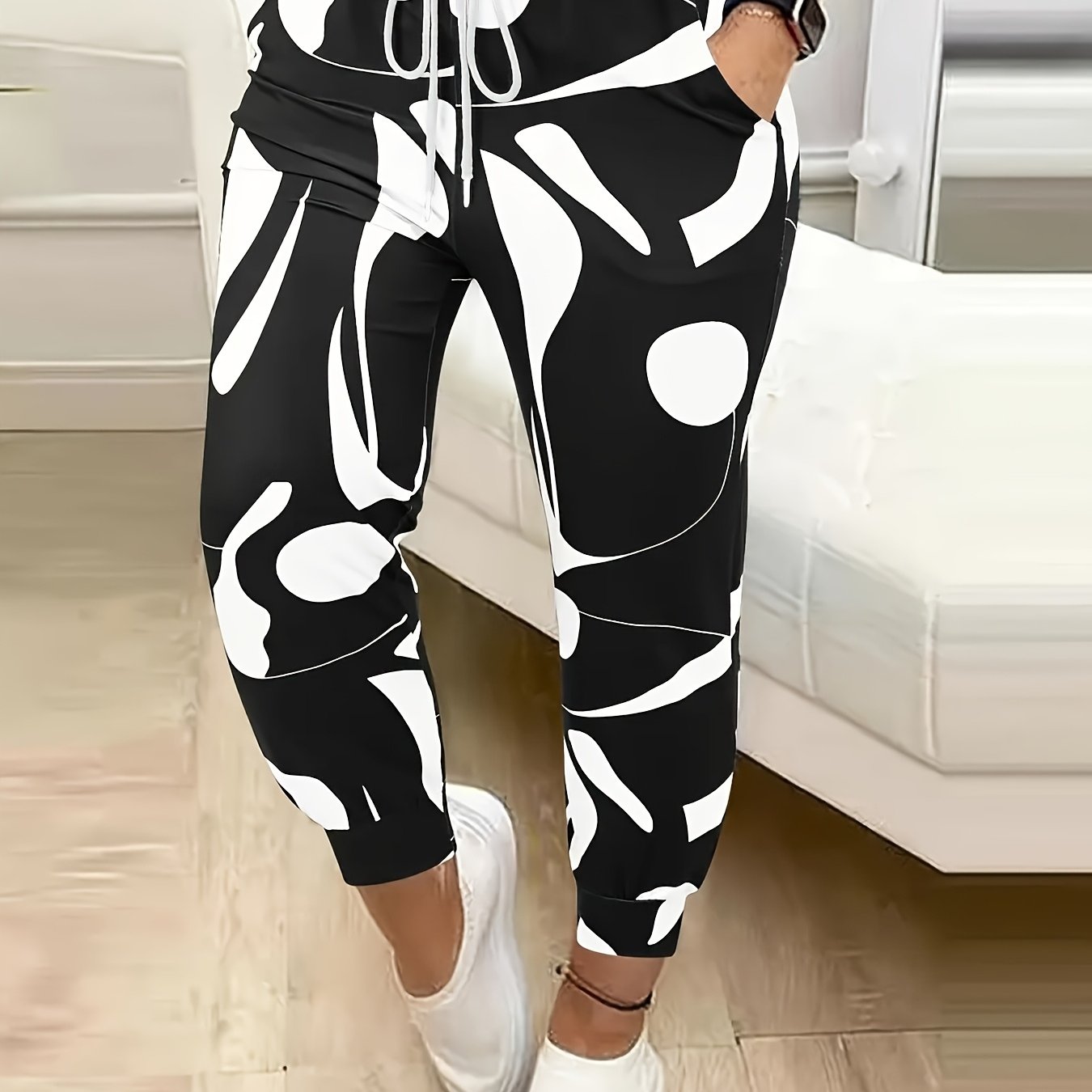 E-shop Damen-Haremhose in Standardgröße mit modischem Aufdruck, lässiges Kordelzug-Design, stilvolle, elegante bequeme Freizeithose für Damen,