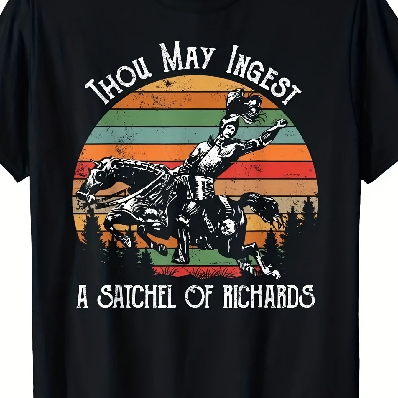 TEMU Vintage Sunset Print T-shirt - Black Tee Featuring A Whimsical Rider Silhouette And Text Design, Including " May " And "a Satchel Of Richards" |
