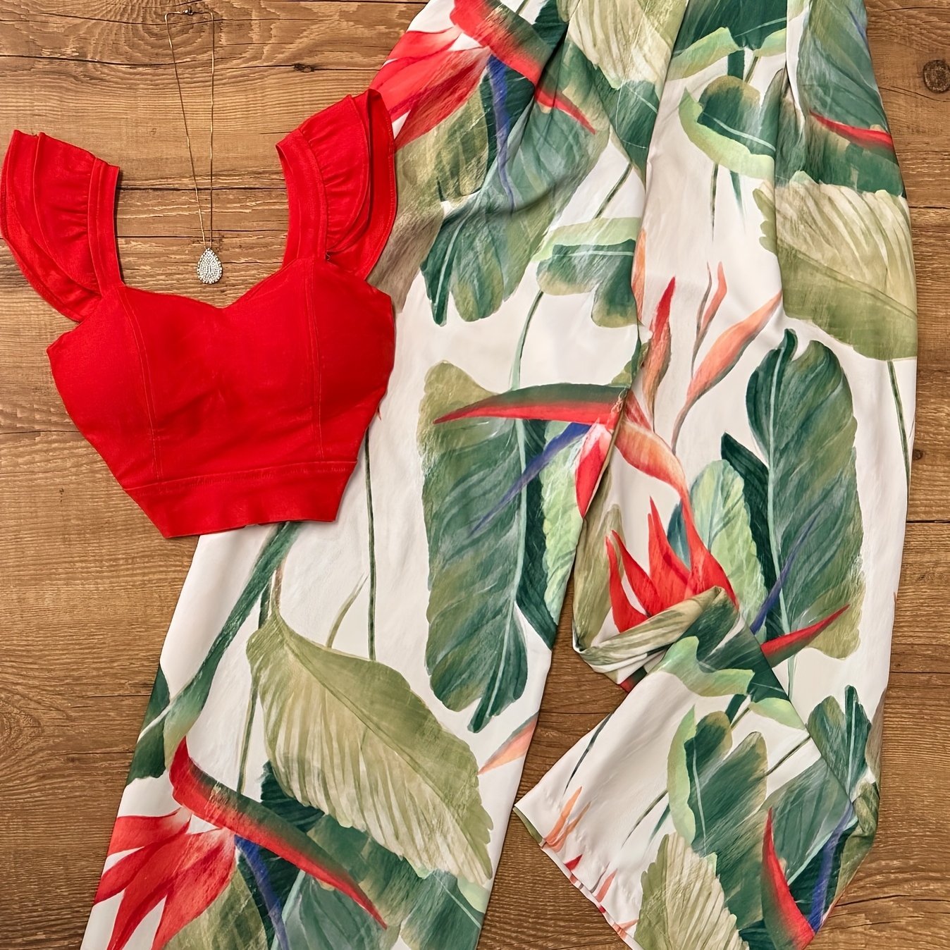 TEMU Solid Color Crop Top   Printed Loose Pants Set