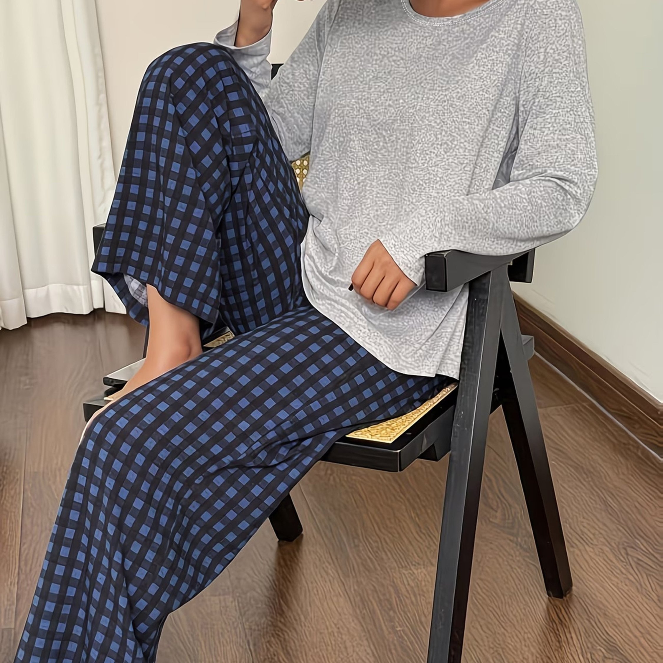 TEMU Autumn/winter 2pcs Set: Simple And Elegant Round Neck Long-sleeve Top With Long Pants, Comfortable, Stylish, And Trendy Loungewear Pajama Set