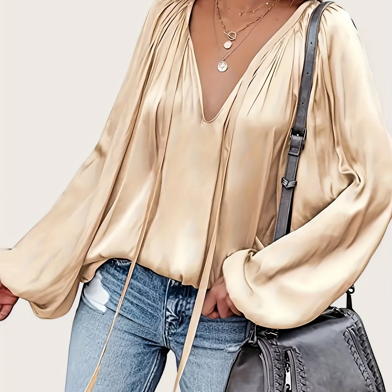 Image of French Vibrant Solid Color Tie Neck Lantern Sleeve Blouse - Ruched, Loose Fit, Casual Long Sleeve Top For Spring And Fall - Women's Comfortable Clothing For Everyday Wear