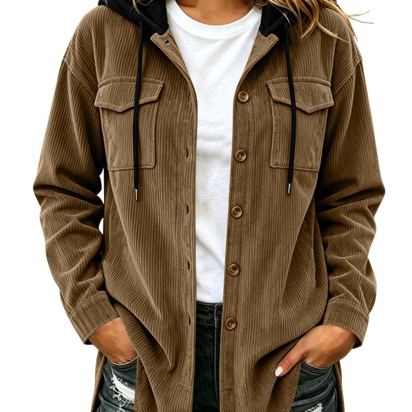 Image of Women Hooded Corduroy Cardigan Jacket, Long Sleeve Button Front Flap Chest Pockets Drawstring Hood Loose Relaxed Fit Soft Casual Outerwear For Walk Autumn Street Outfit