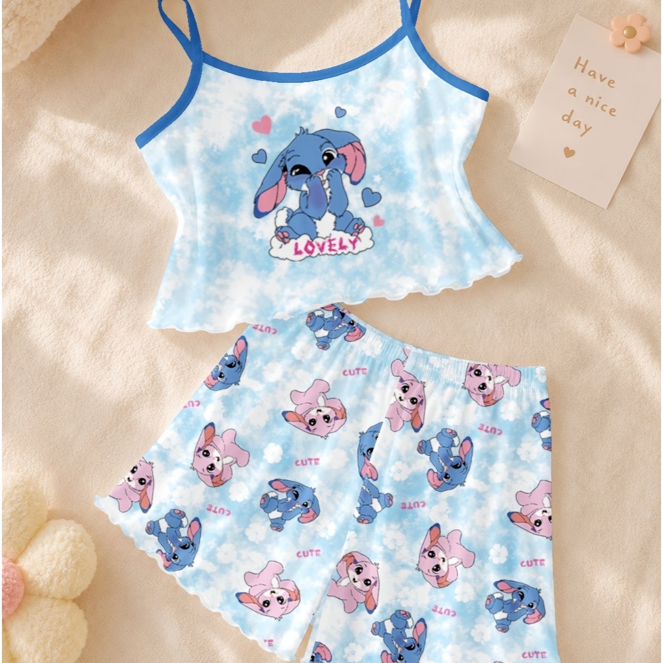 Image of 2pcs Girls' Camisole Shorts Pajamas, Rabbit Print, Comfortable Fabric, Suitable For Summer Wear , Machine Washable - Gift For Girls, Flame-retardant Fabric