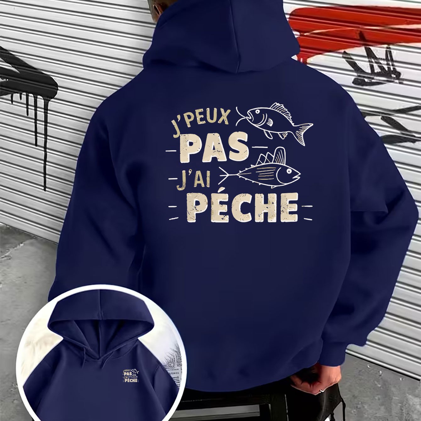 TEMU Slogan de pêche français imprimé, style vintage vieilli, motif PECHE, sweat à capuche tendance pour homme avec imprimé, d'impression et arrière,