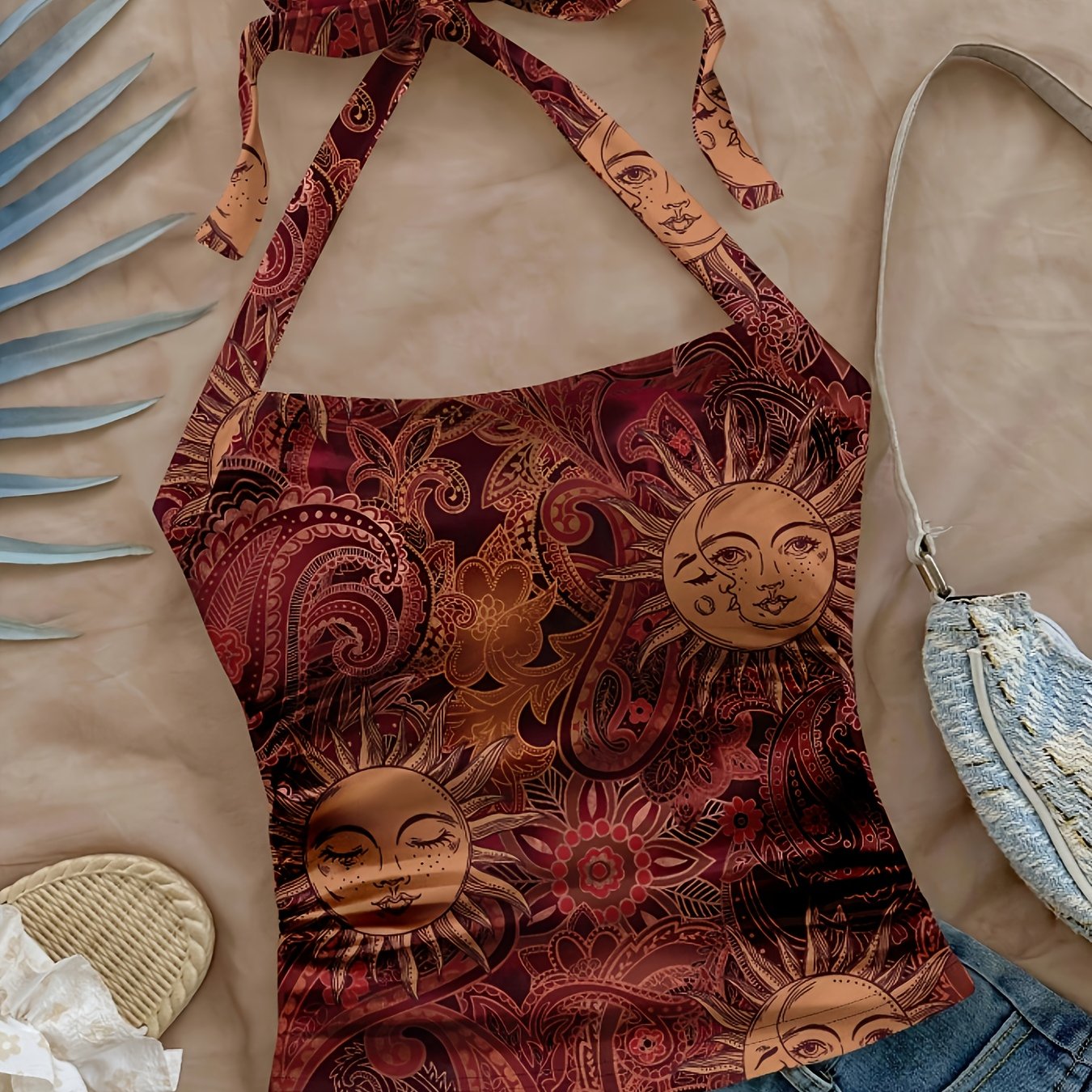 TEMU Débardeur court dos nu à pour femme, style bohème avec imprimé visage de soleil, haut manches coupe slim à dans le dos, haut d'été à motif