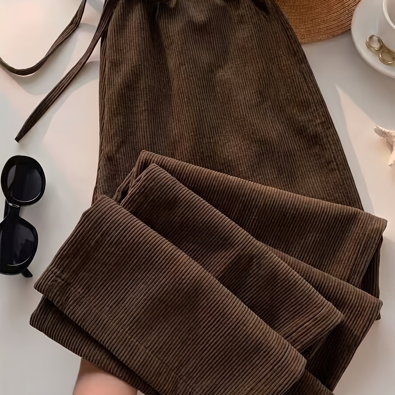 TEMU Women's Wide-leg Pants, Corduroy Loose Long Trousers, Suitable For Autumn/winter Wear, Home Vacation Fashion Styling