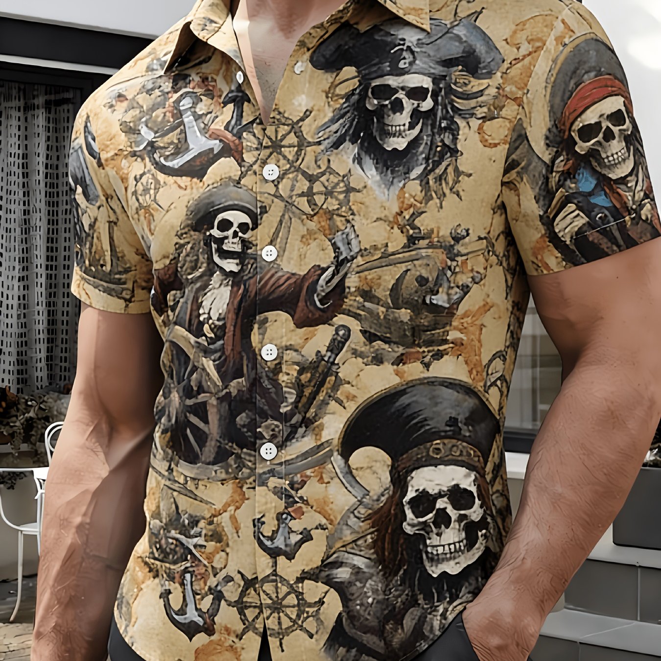 TEMU 's Pirate Ship Skull Pattern Fun Golf Shirt Color Outfit Outdoor Casual Wear 's Clothing Best For Gifting