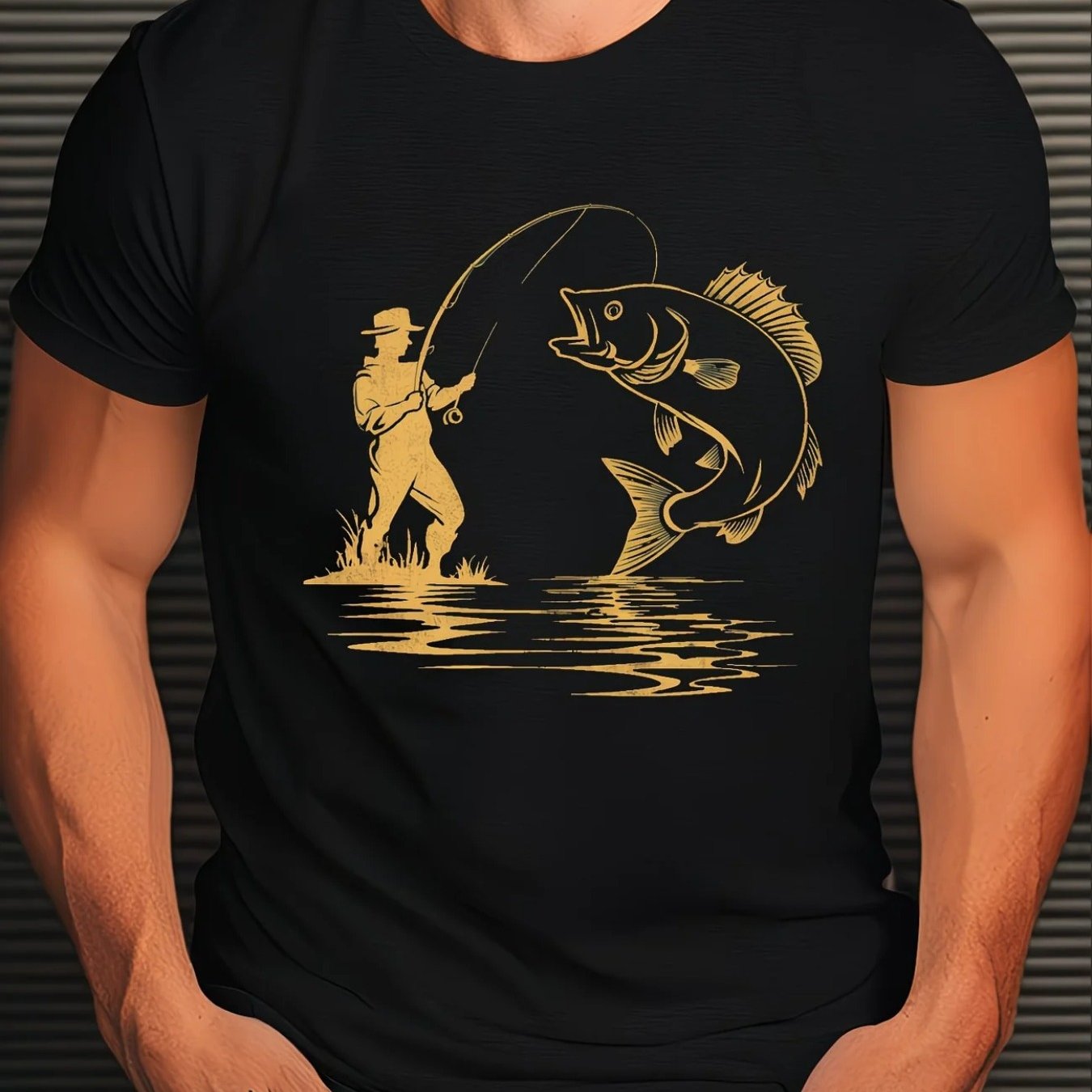 TEMU Men's Casual T-shirt Featuring A Silhouette Design Of A Fisherman And Fish - Black Short-sleeve T-shirt, Crew Neck, Machine Washable, Ideal For