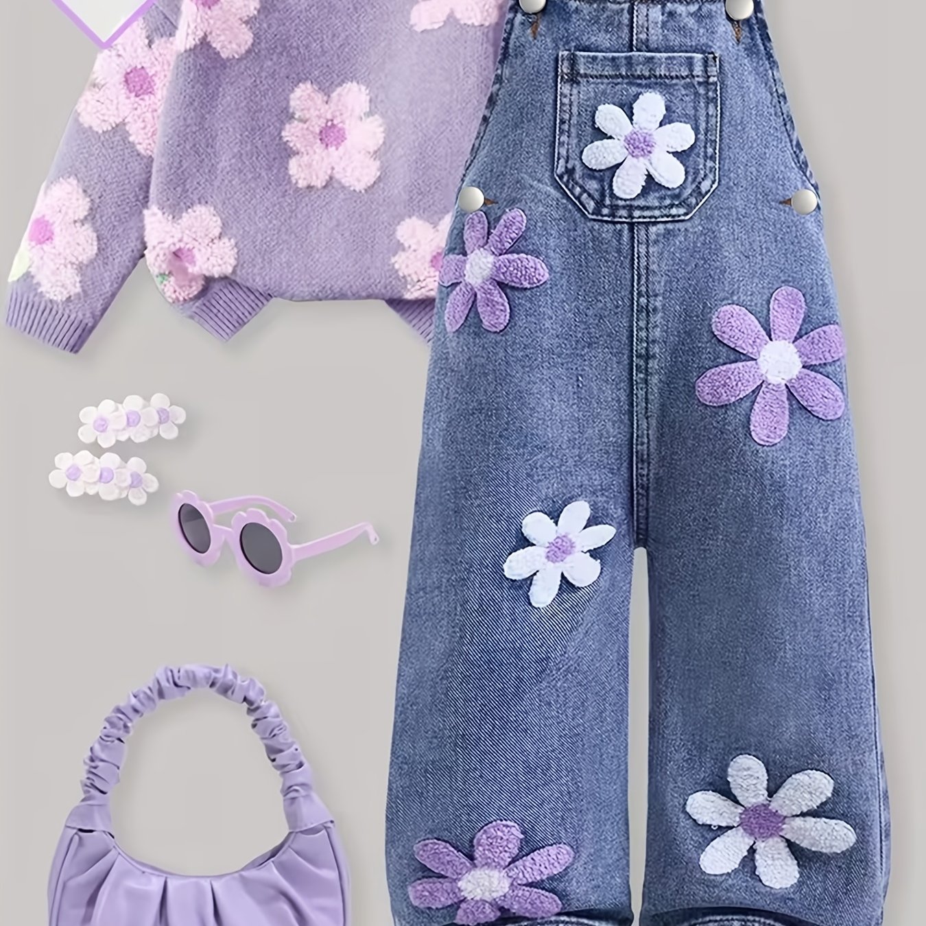 Image of Girls' Floral Blue Denim Overalls With , Washed Denim, Loose Straight-leg Cut, Autumn Essentials