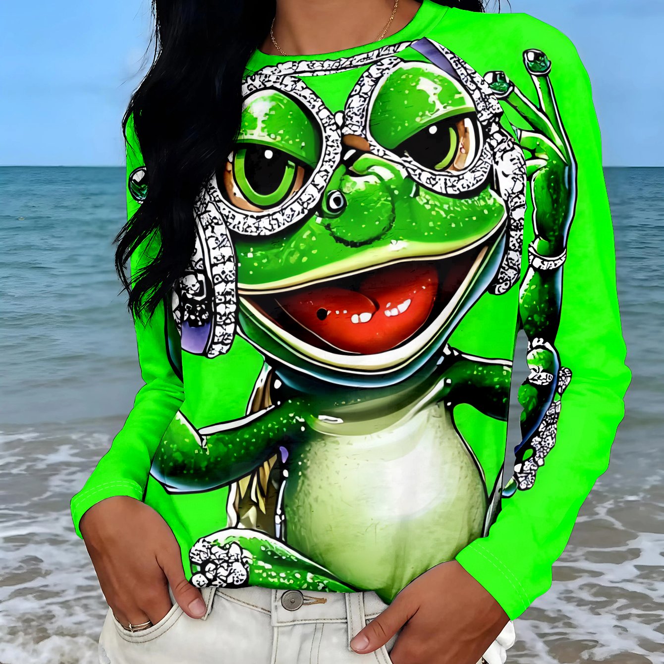 TEMU Urban Style Printed Top For Women, Featuring A Cool Frog With Rhinestone Headphones And A "victory" Hand Sign On Background, Loose Fit, Machine