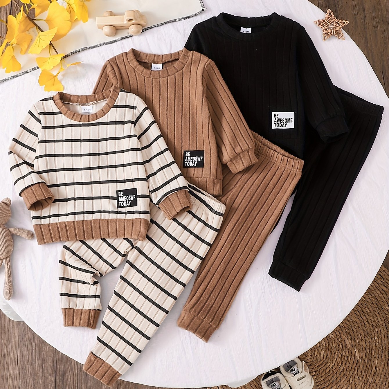 Image of 6pcs Infant Toddler Fall Winter Apricot Striped Khaki Black Round Neck Long Sleeve Top And Matching Pants Casual Set, For Outdoor, Christmas, Halloween