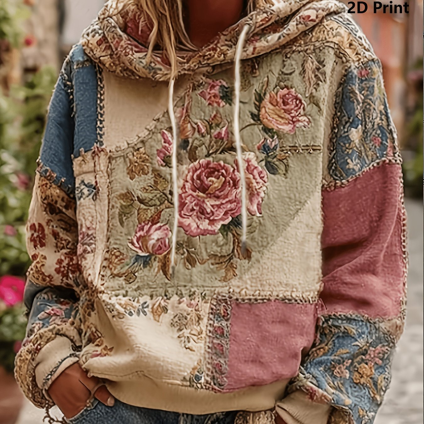 Image of [2d Flat Print] Women's Printed Retro Bohemian Style Hoodie, Design, Floral Pattern, Loose Fit, Warm, Suitable For Casual Streetwear, Ideal For Spring, Autumn, And Winter