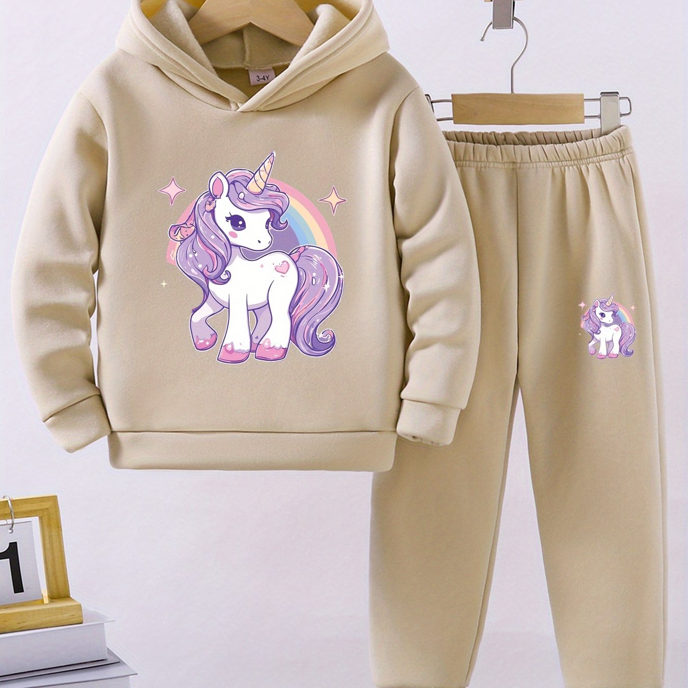 Girls' Unicorn Pattern Long-Sleeve Hoodie and Pants Set
