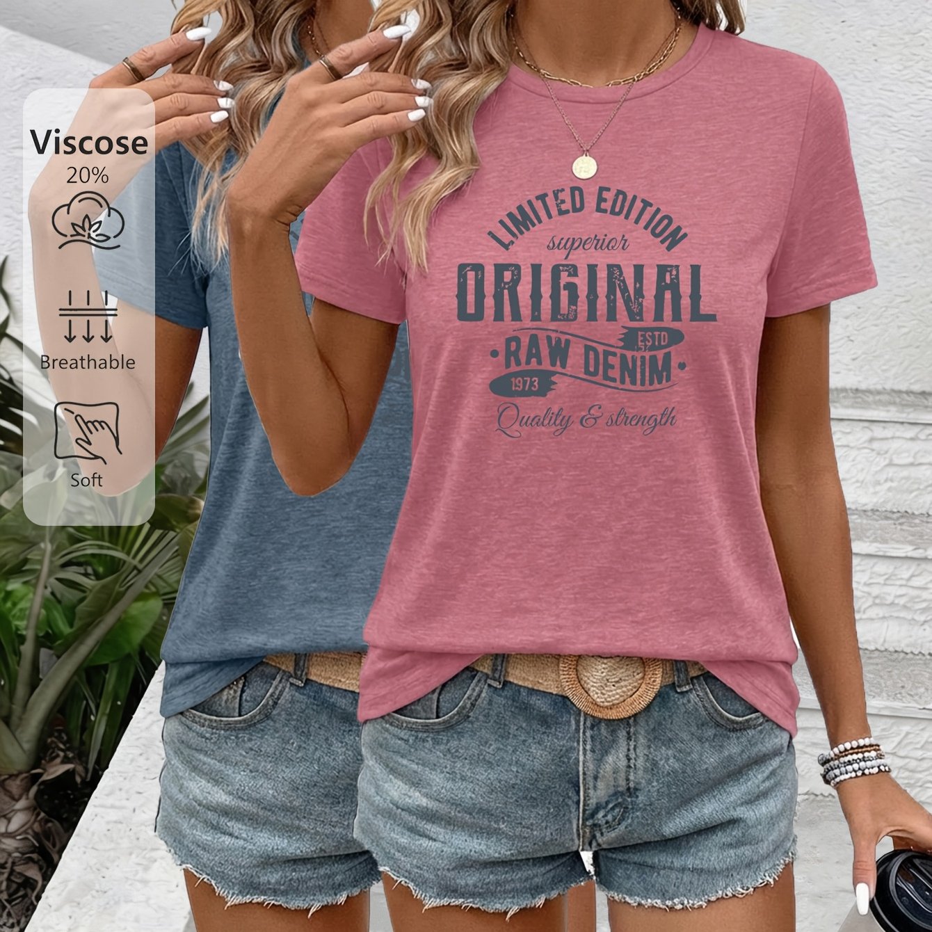 TEMU Zweierpack Damen T-Shirt-Set mit Rundhalsausschnitt kurzen Ärmeln, -Slogan-Druck, weiches, hautfreundliches, leichtes bequemes Material, ein