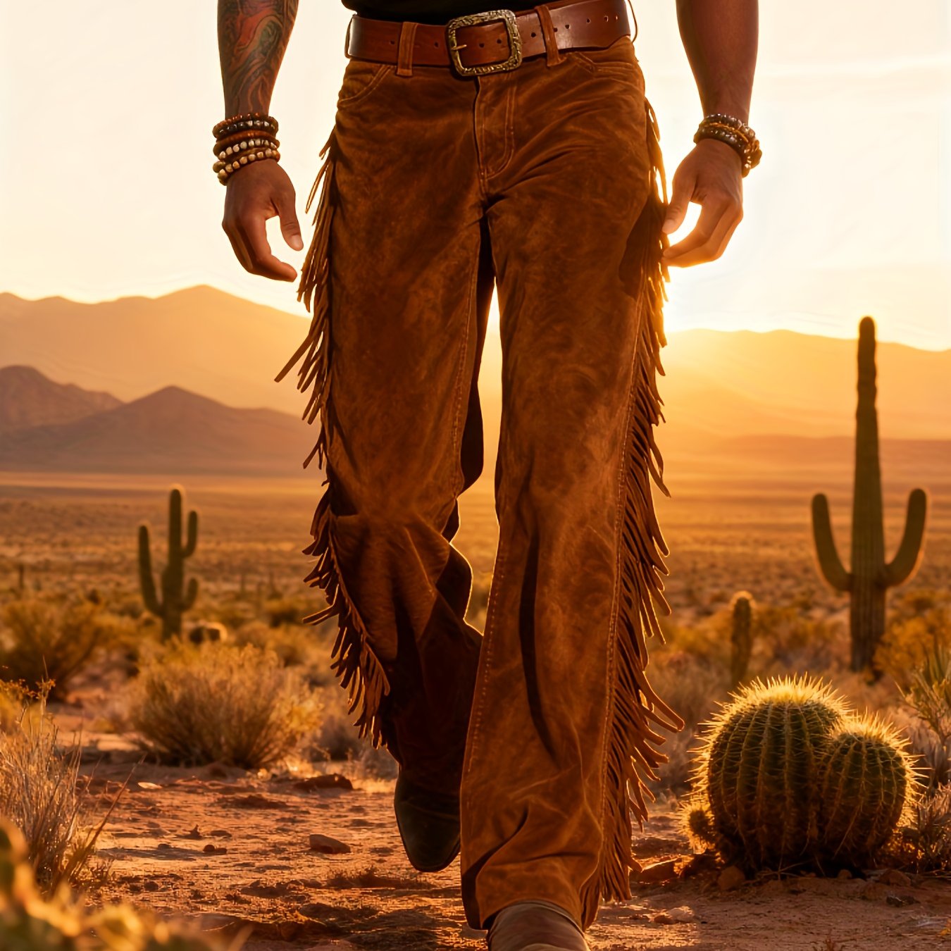 TEMU Men's Vintage Western Cowboy Pants - Loose Fit Straight Leg Trousers With Fringe Hem, Casual & Formal Wear, Fabric For Western Events-image-17608137514646