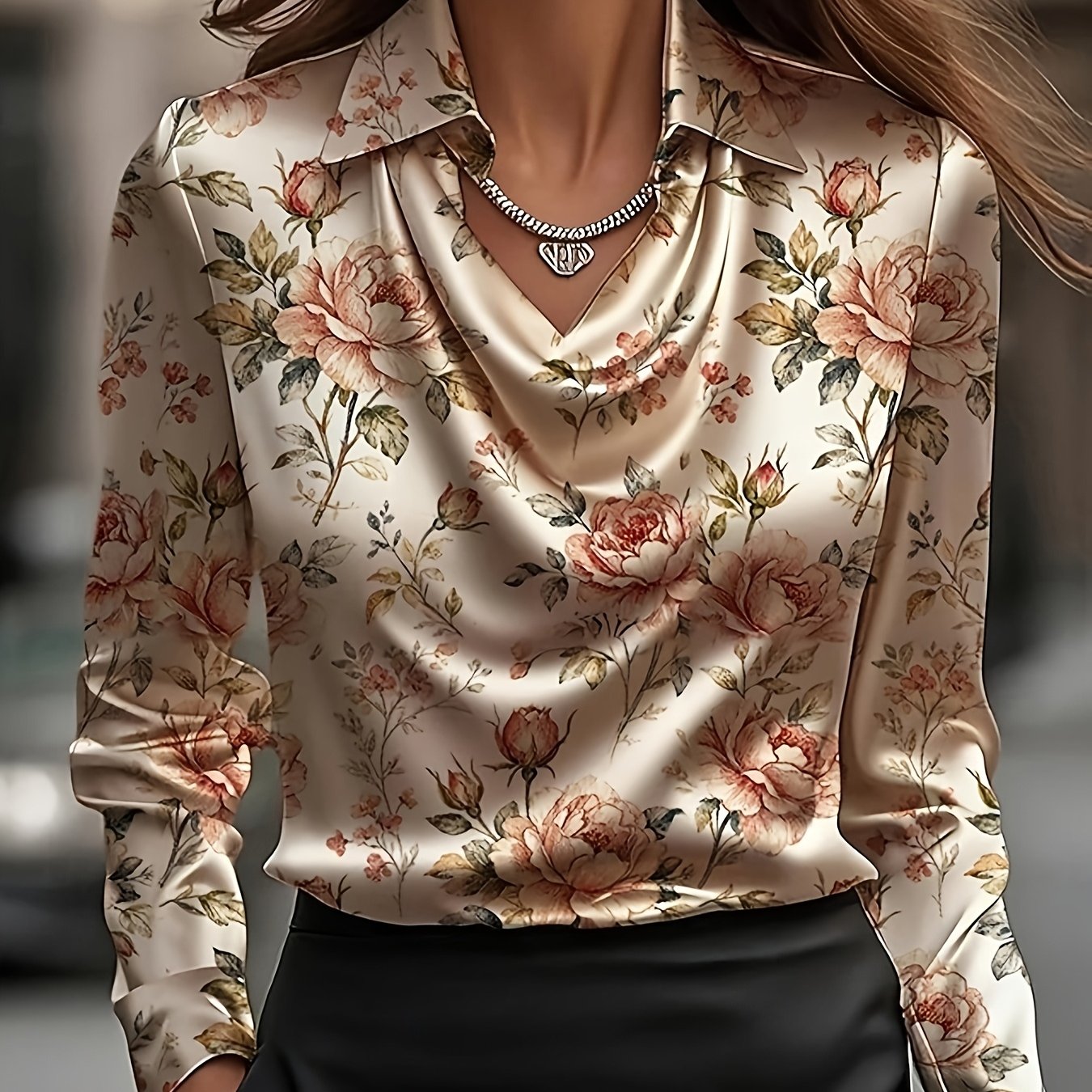 TEMU Women's Satin Printed Blouse, Elegant And Fashionable Casual Long-sleeve High-neck Regular , Suitable For Work, Daily Wear, And Festive