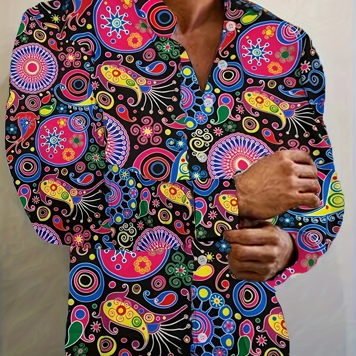 TEMU Stylish Men's Long Sleeve Shirt With Unique Pattern, Outdoor Activities And Fall