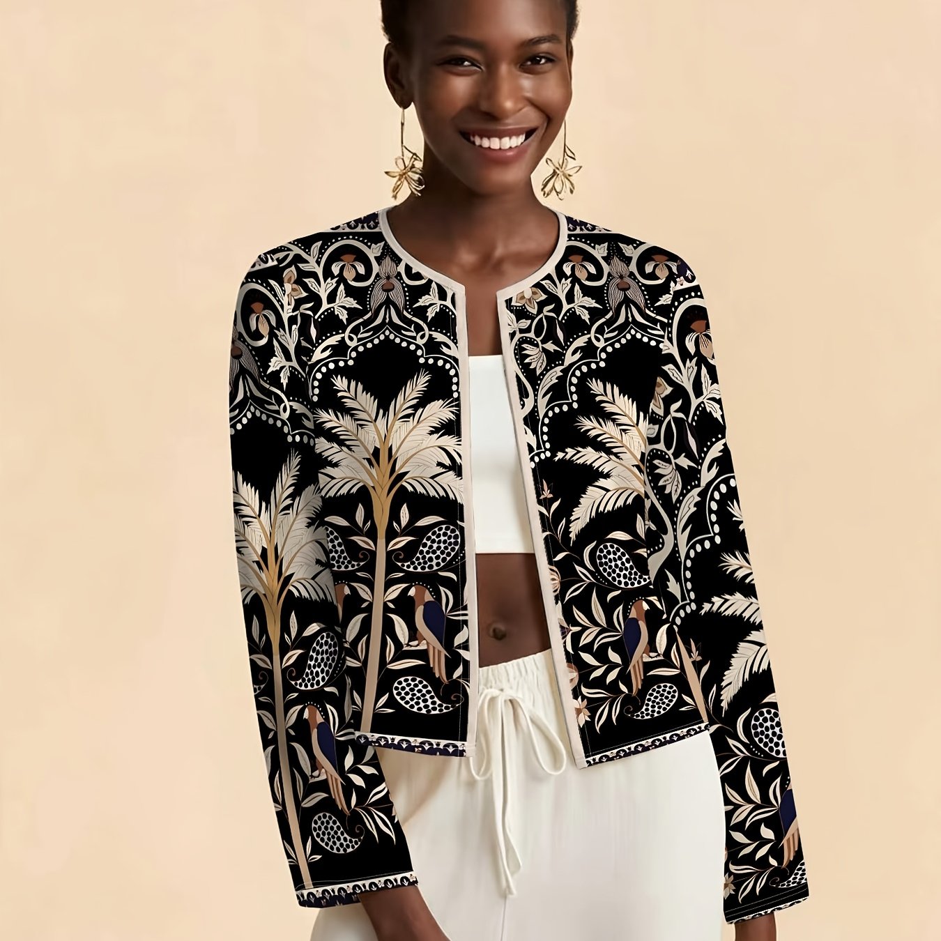 TEMU Black Background With Palm Bird Pattern Women's Short Cardigan Jacket, Retro Exotic Style Comfortable And Breathable Thin Fabric Long Sleeve