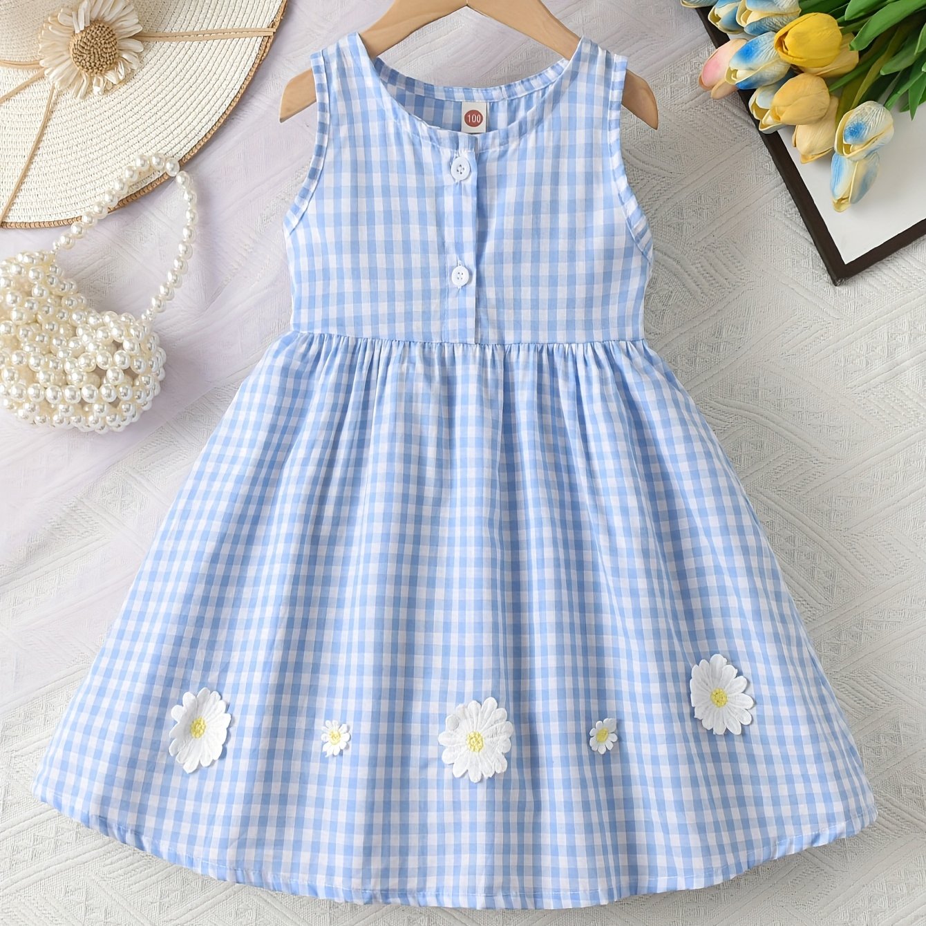 Image of Summer Children's Pastoral Style Sleeveless Tank Dress, With Small Daisy Appliqué A-line Dress, Girls' Casual Outing Princess Dress