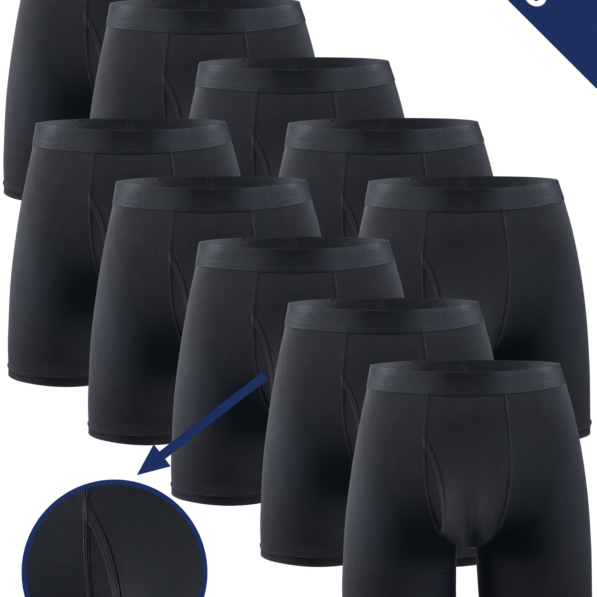 10-pack Men's Long Front Closure Boxer Briefs, Black, Medium Waist, Comfortable -friendly Breathable, Casual Knit Fabric, Polyester 95% Spandex 5%, Solid Color, 150 Gsm