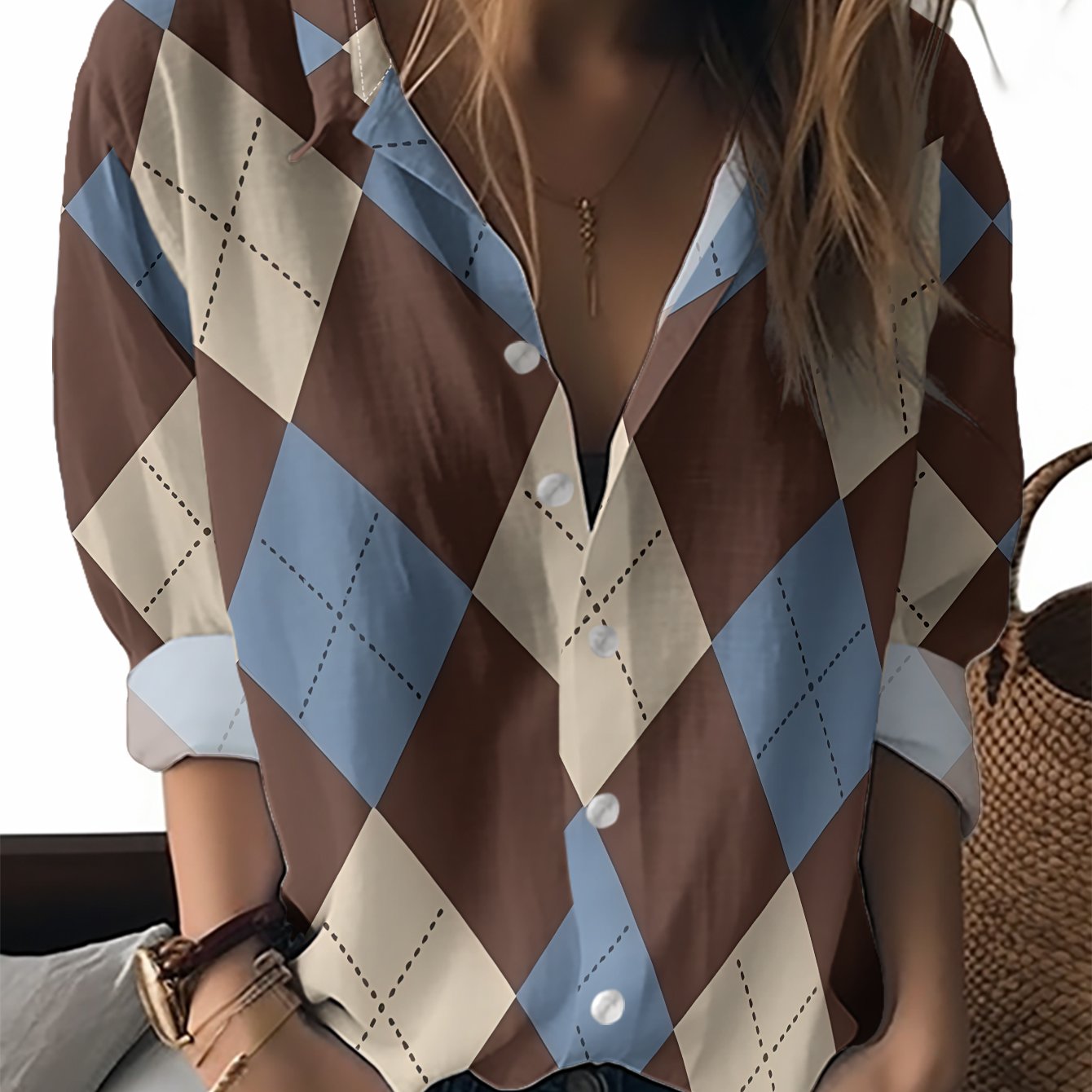 TEMU New Women's Long Sleeve Shirt, A Brown, Blue, And Beige Diamond Checkered Pattern, Festive Gathering All-match Casual Top, Fabric Machine