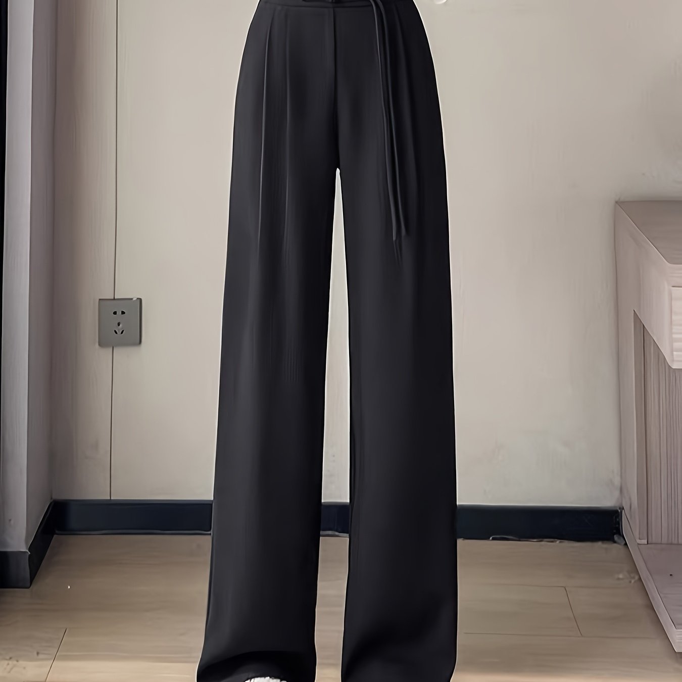 TEMU トなハイウエストブラックドパンツ（女性用）- ストレートレッグデザイン、フェイクドロー付き、洗濯機可、春/夏/秋のオフィスやカジュアルなお出かけに最適