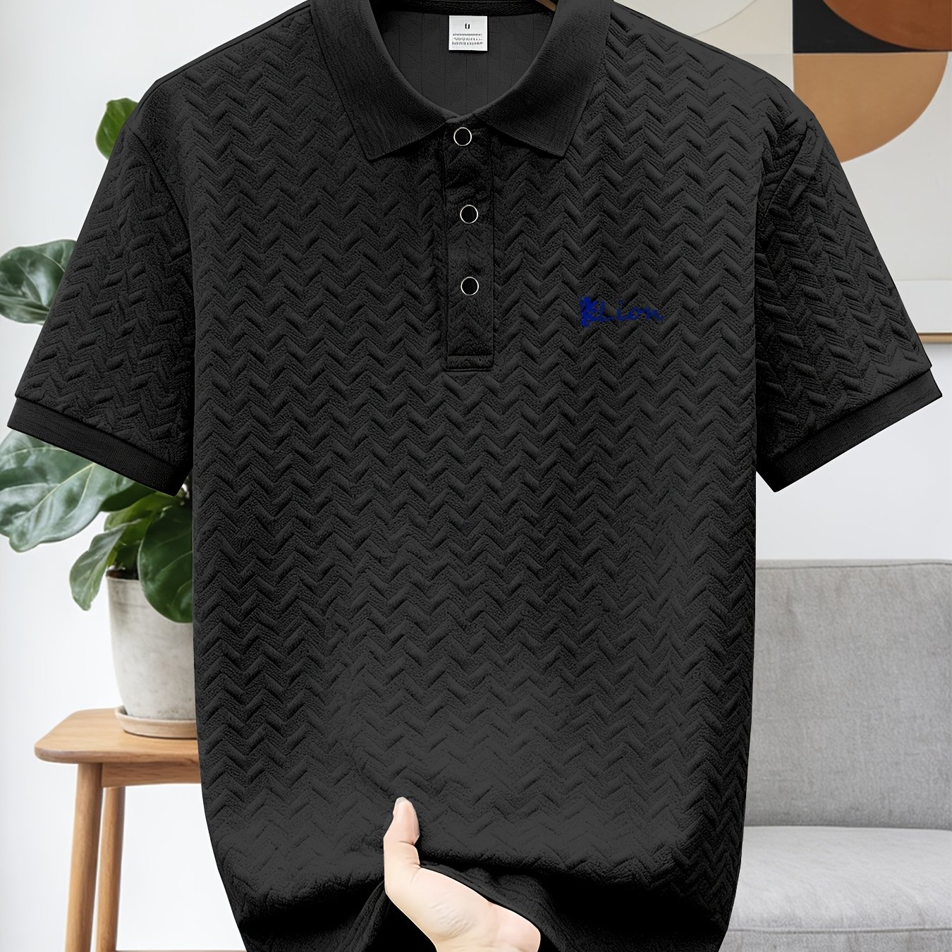 TEMU 2026 Men's Short-sleeved Jacquard Shirt Breathable, Comfortable And Cool Summer Essential Outfit With Lion Geometric Pattern Print Embossed