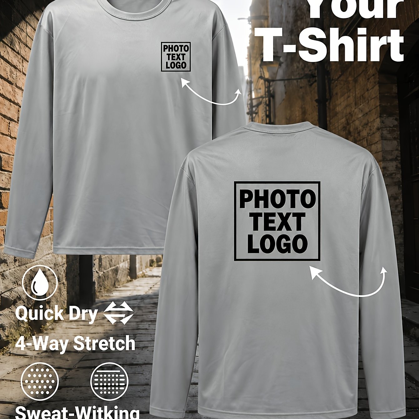 TEMU Customizable Long-sleeve Quick-dry T-shirts (unisex), Breathable And Quick-drying, Crew Neck, Ideal For Gym Workouts, Morning Runs, Outdoor