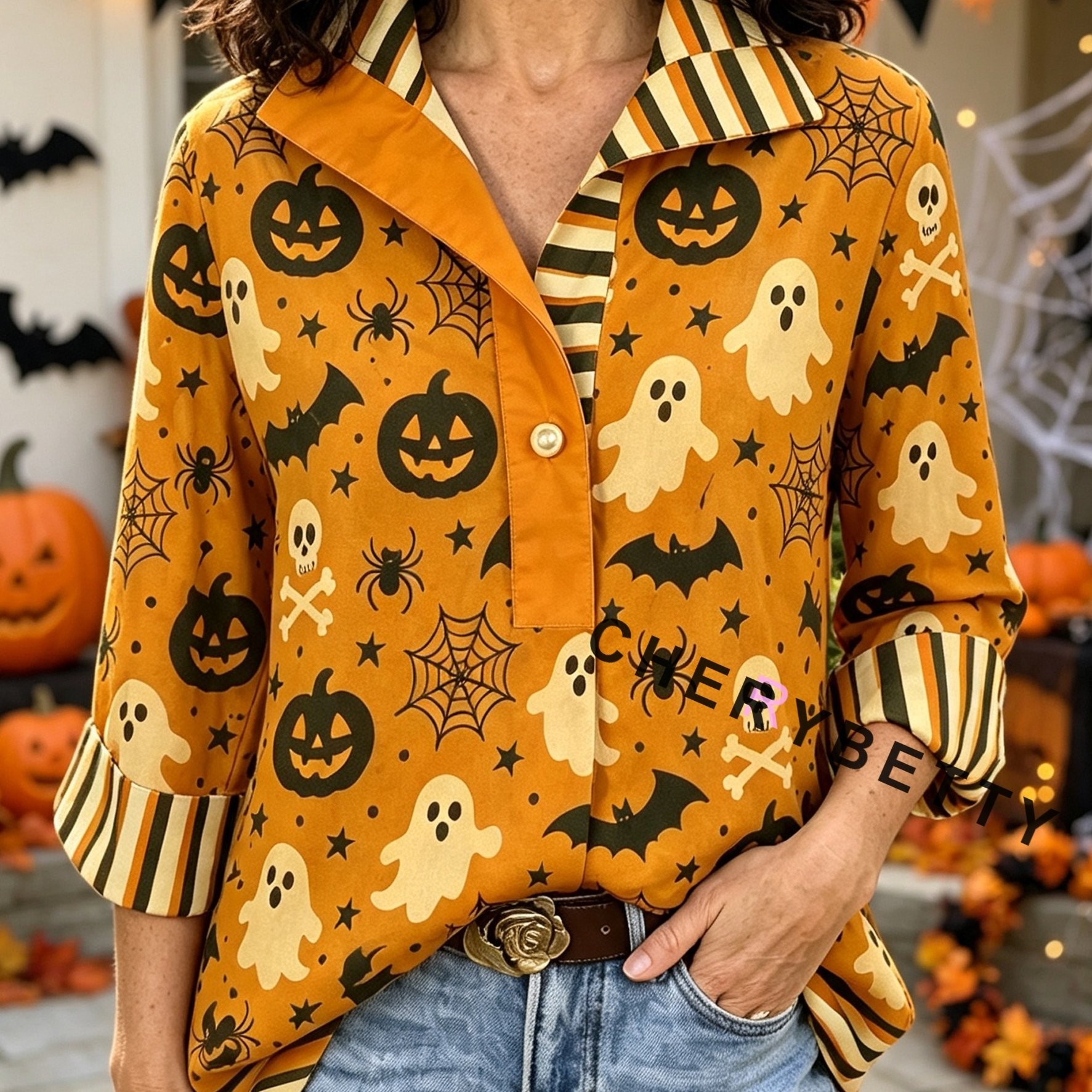item picture   high quality tops and blouses for women mustard orange halloween pumpkin ghost bat print striped lapel collar v neck shirts 3 4 sleeve fall outfits spooky party clothes fast local warehouse