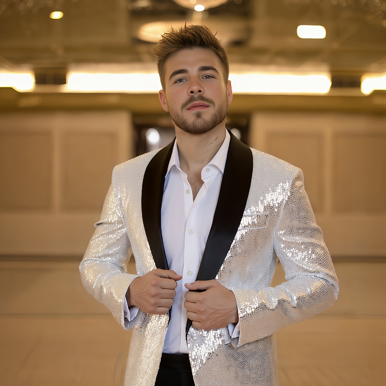 TEMU New European Size Fine Glitter Sequin Men's Jacket, Trendy Men's Stage Sequin Jacket, Slim Fit Slimming Sparkly Top, Men's Nightclub Party