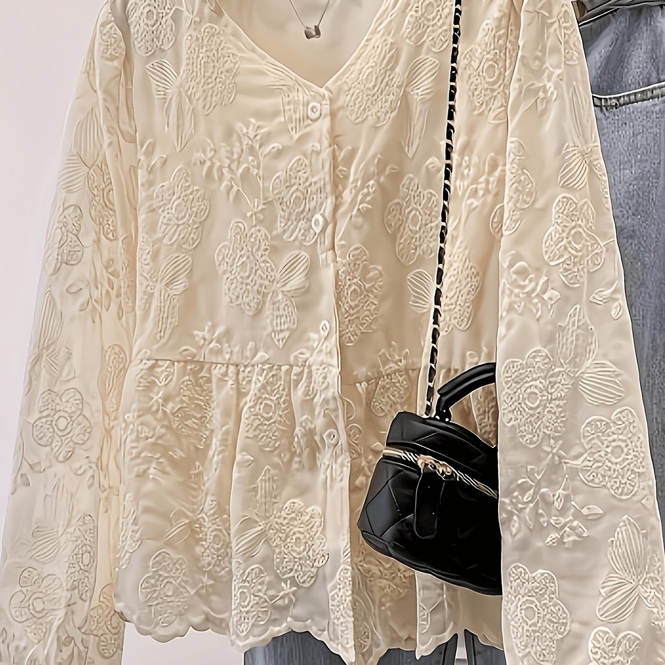 TEMU Embroidered Lace V-neck Single-button Long Sleeve Shirt Women' Lantern Sleeve Top, Niannian