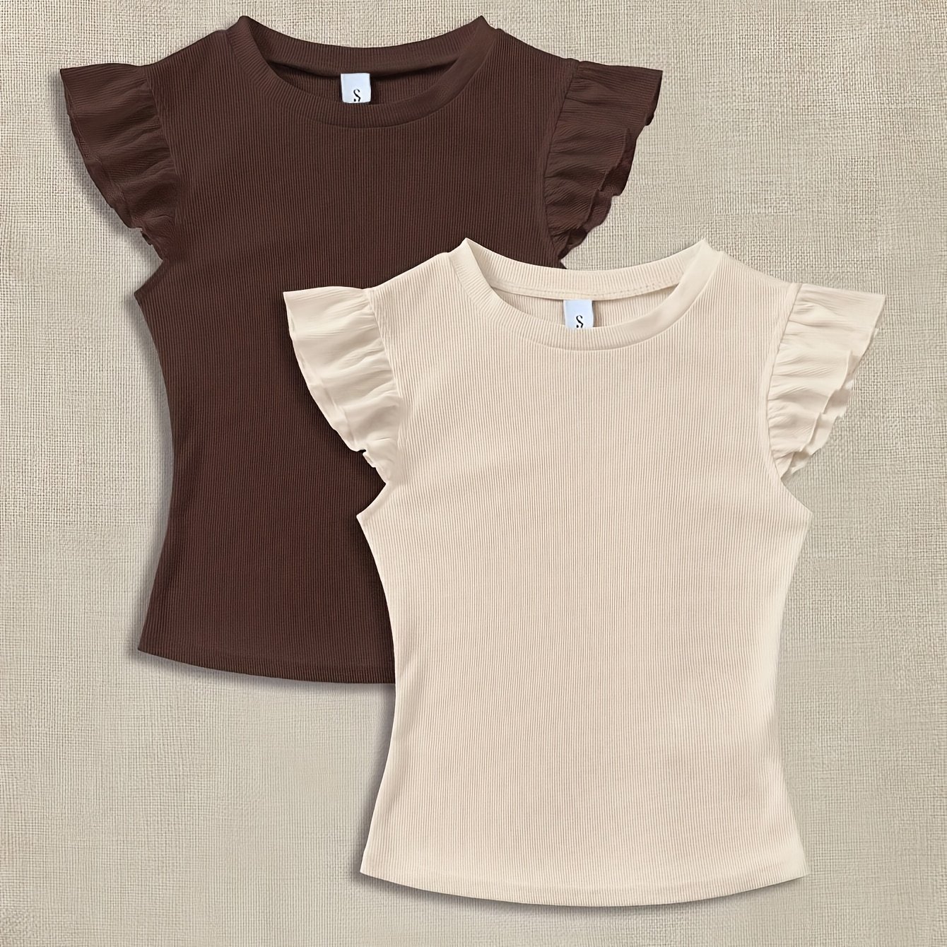 TEMU 2pcs Set Ribbed Fabric Round Neck Cap Sleeve Fitted Ruffle T-shirt, Suitable For Summer