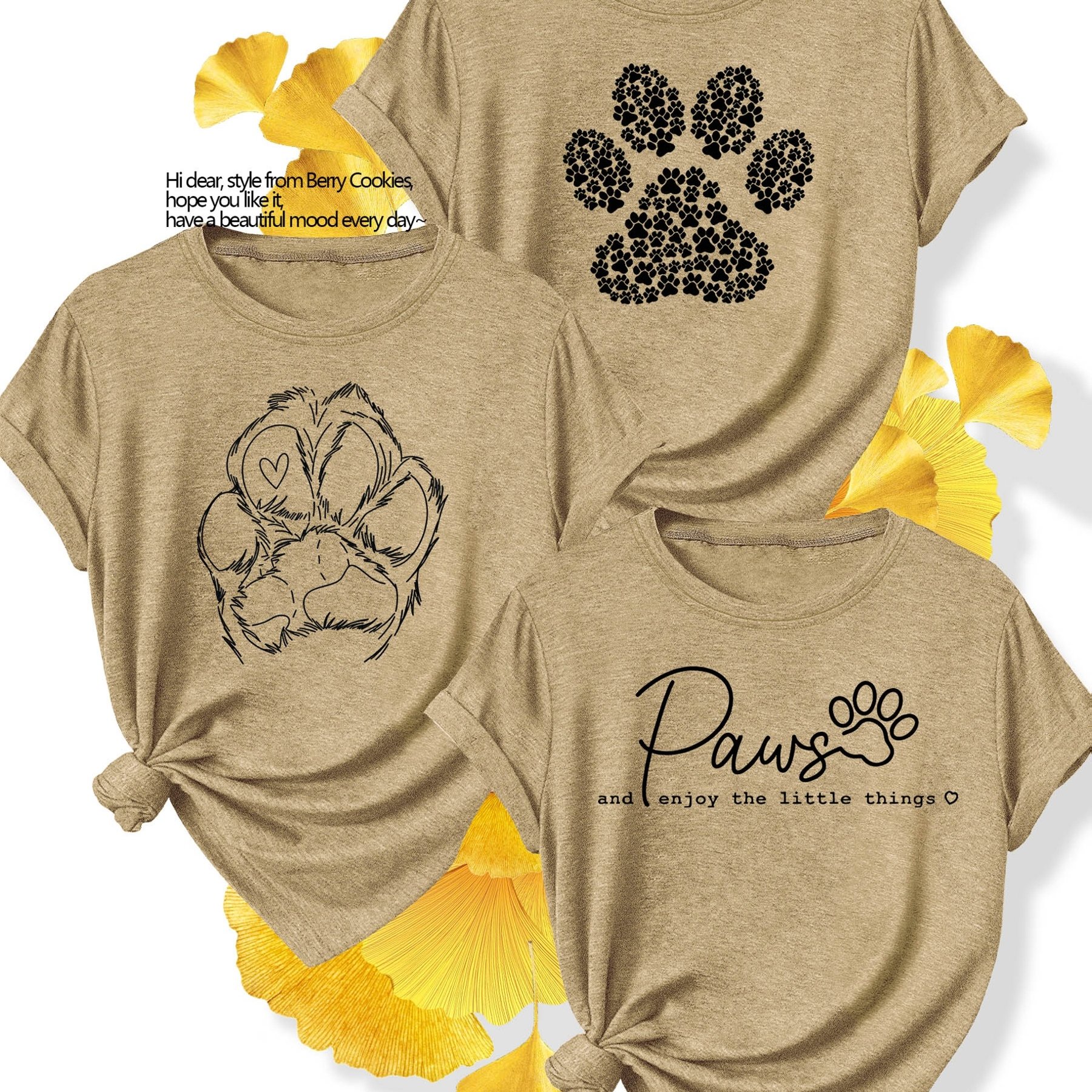 TEMU Three-pack Paw Print And Heart Print Fashionable And Elegant Women's Spring, Summer, Autumn Daily , Vacation, Versatile Casual Sporty Style Top,