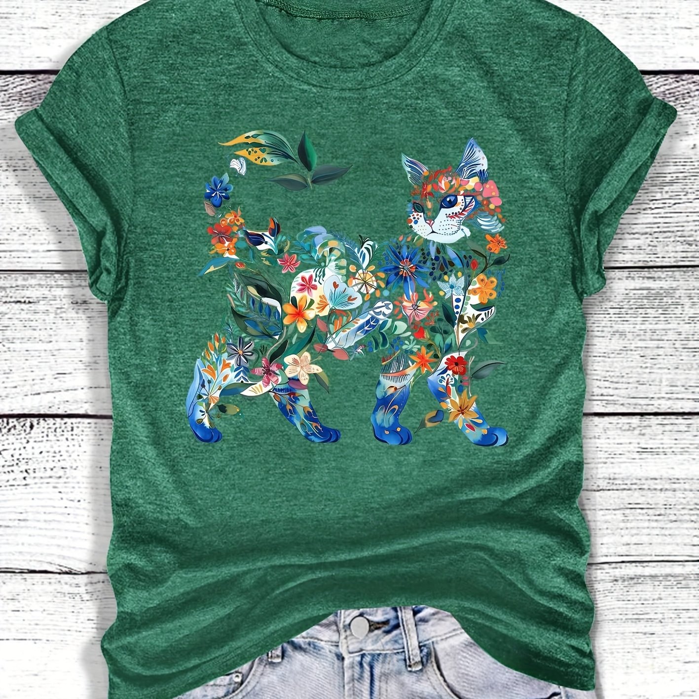 TEMU Women's Floral Cat Graphic Short Sleeve T-shirt - Retro Casual Round Neck Top, Fabric, , Machine Washable, Options S-xxl, Cat Tshirt, Leisure