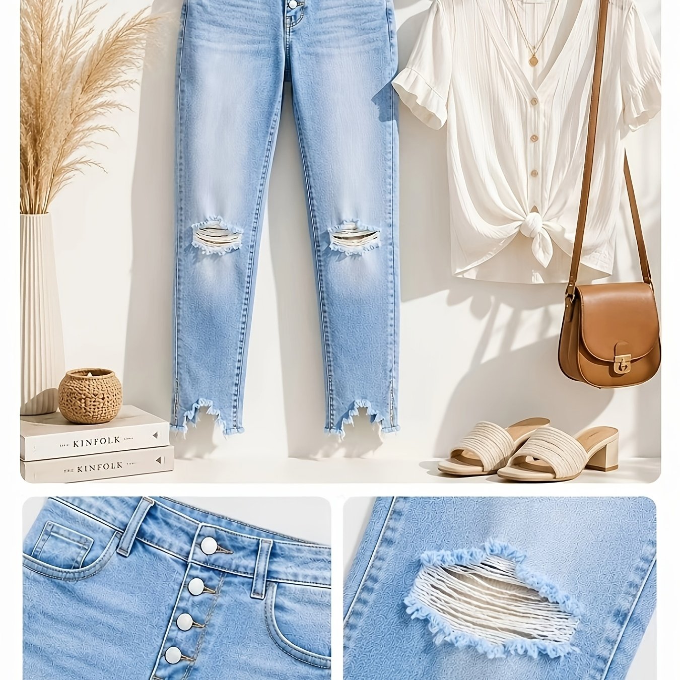 Image of Women's Elastic Vintage All-match Casual Fashion Elegant Mid-rise Machine Washable Durable Multifunctional Skinny Pocket Distressed Frayed Ankle Jeans Street Trendy Style