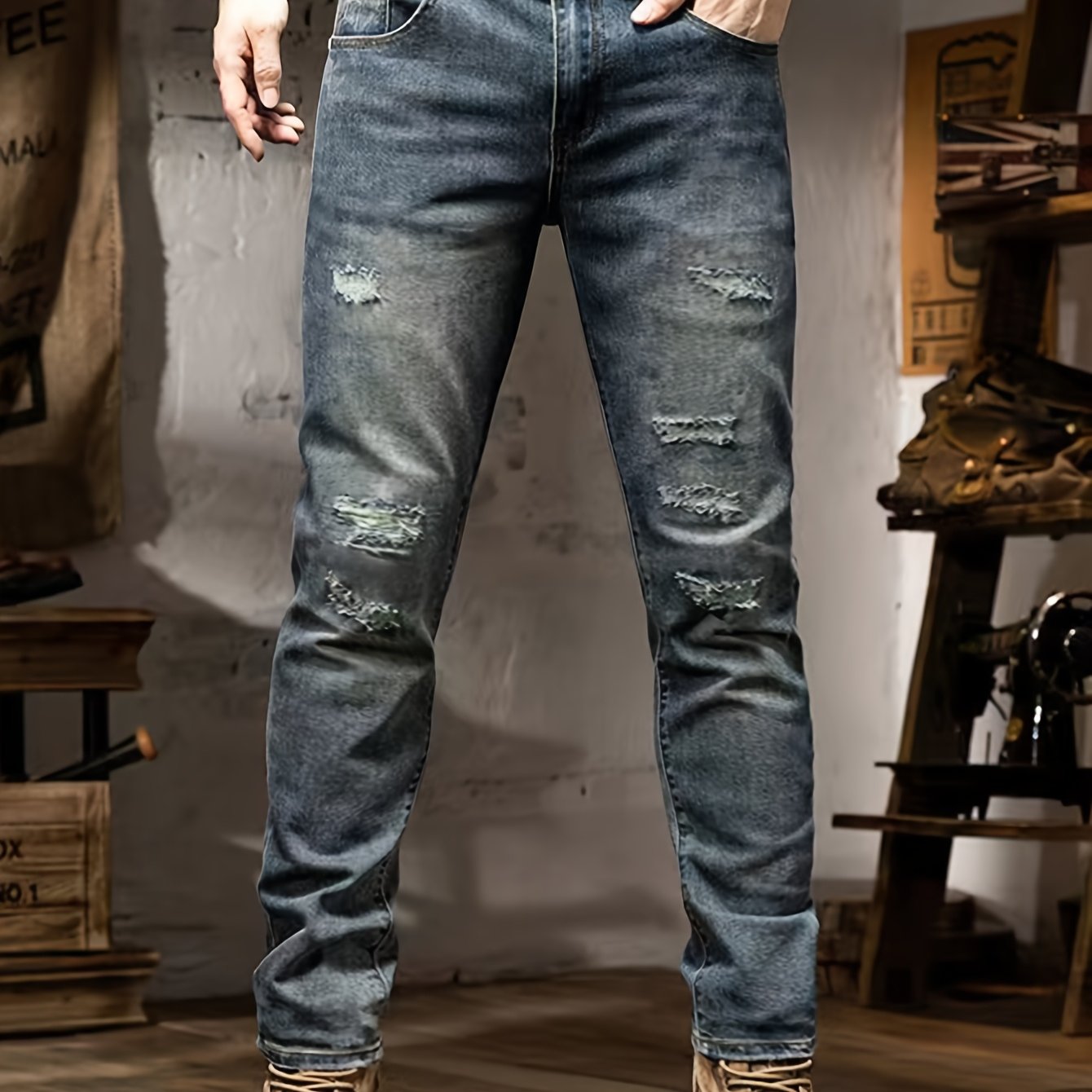 Image of Men's Jeans Stretch Trousers Style Cycling Men's Pants Street Style Blue Distressed Denim Long Pants Wear
