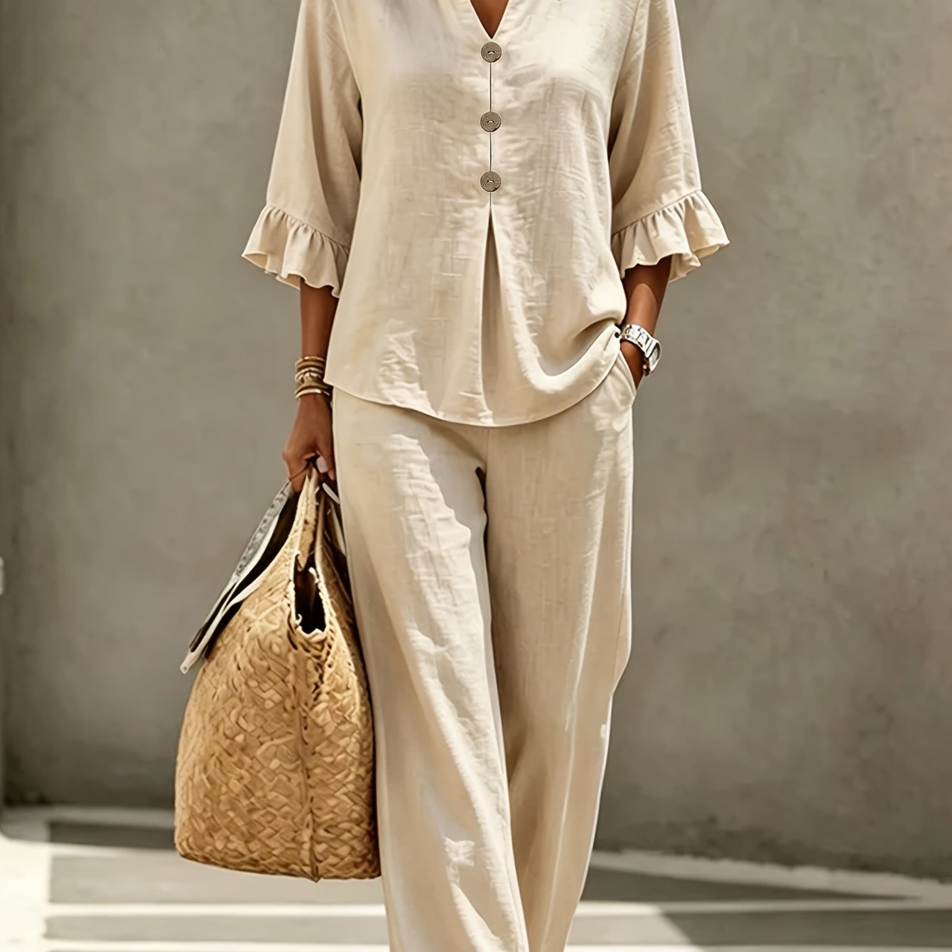 TEMU Women's Holiday Set, Solid Color Shirt And Pants, 2pcs Set
